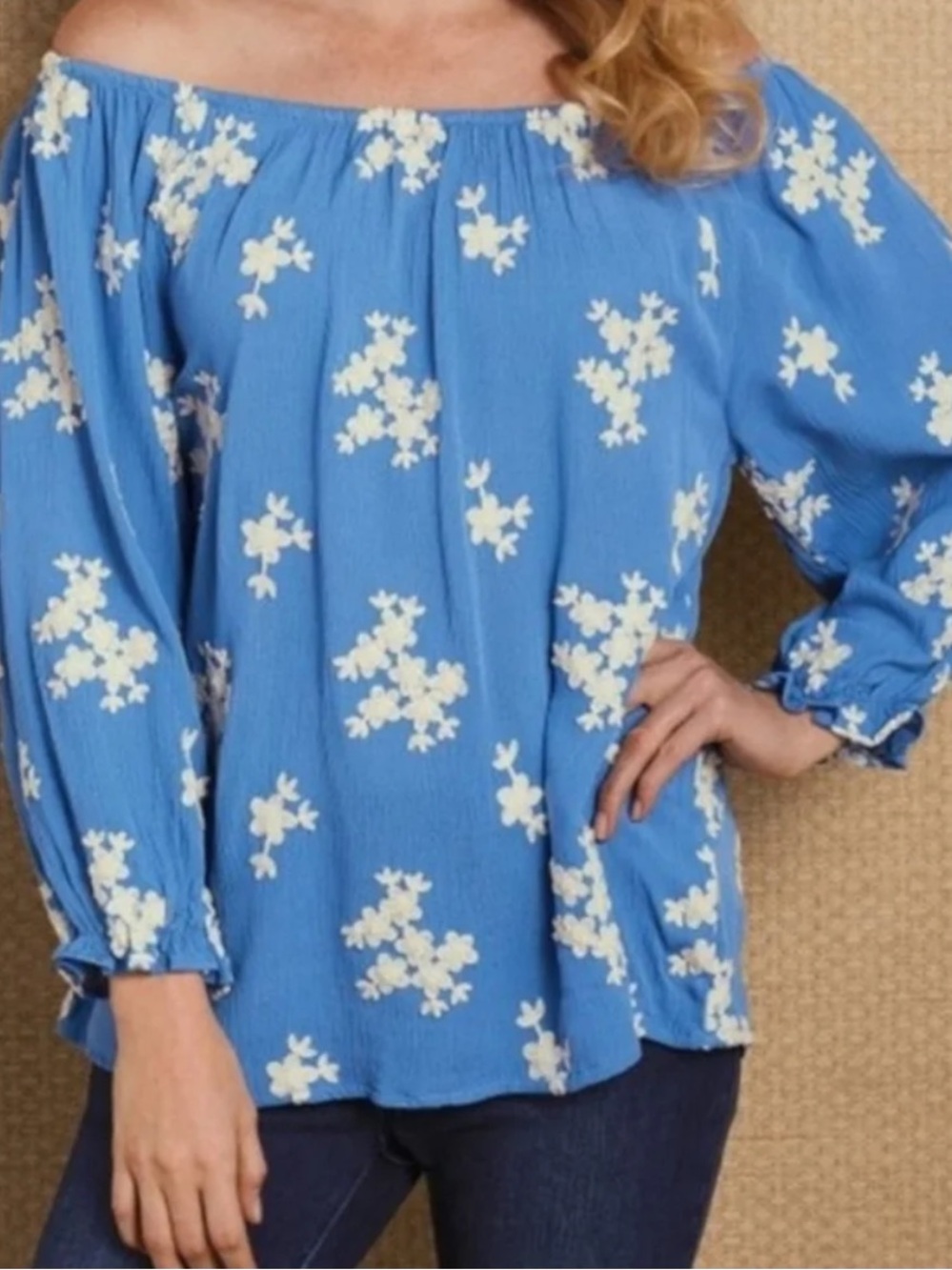 Soft Surroundings Avignon blue floral off-shoulder peasant blouse